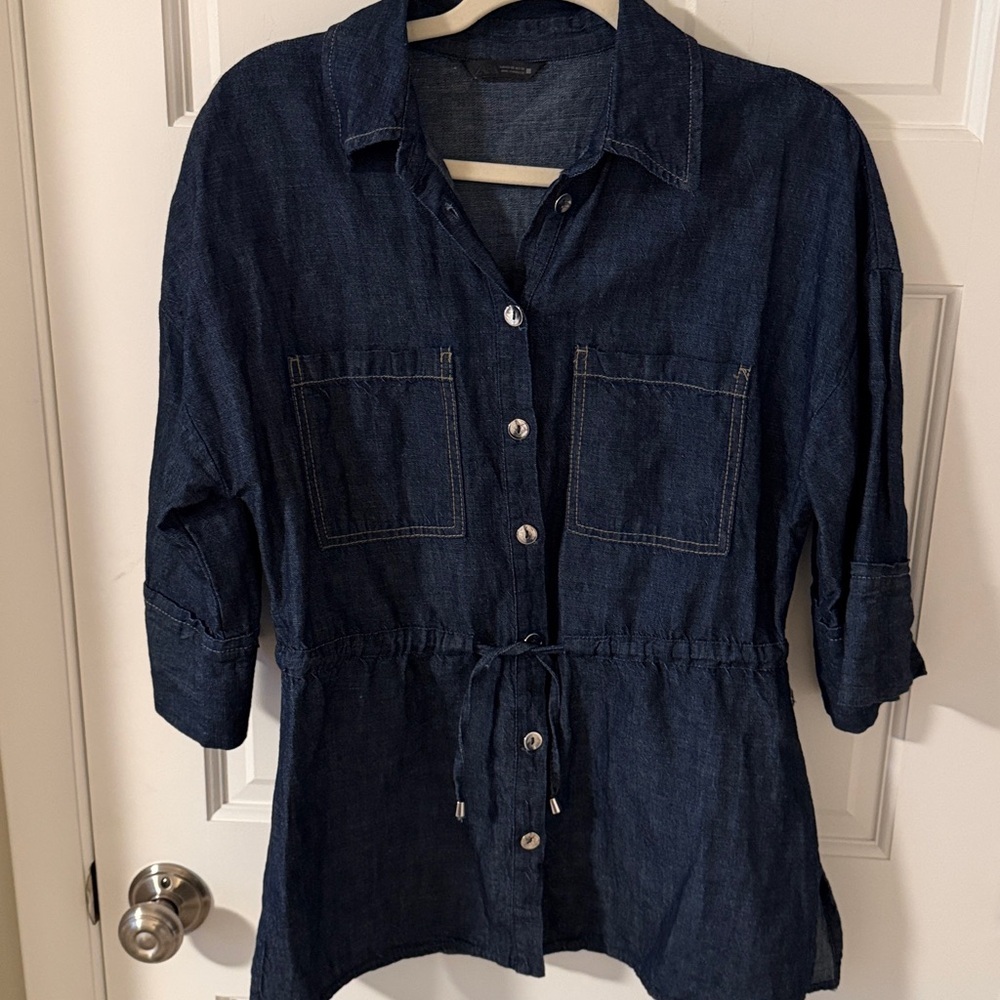 Zara Drawstring Waist Denim Utility Shirt Safari Style 3/4 Sleeve Size XS - Picture 4 of 7